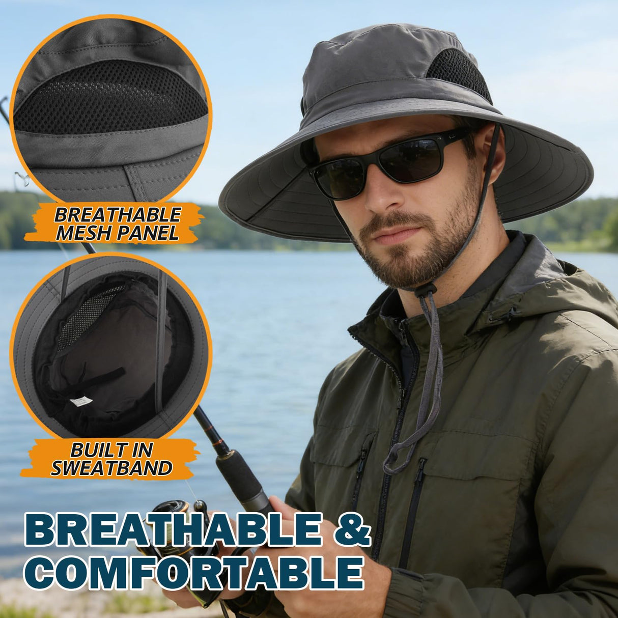 EINSKEY Men's Waterproof Sun Hat, Outdoor Sun Protection Bucket Safari Cap For Safari Fishing Hunting Dark Gray One Size