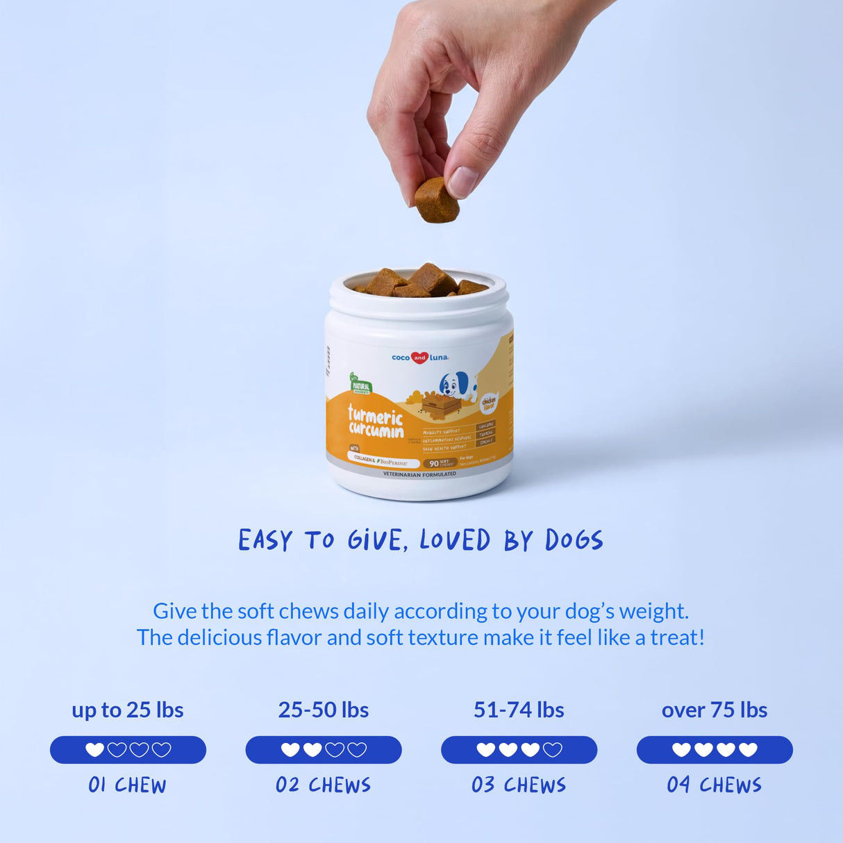 Turmeric Curcumin for Dogs - 90 Soft Chews - with Collagen, BioPerine and Fish Oil - Hip & Joint Support, Ease Inflammation, Antioxidant.