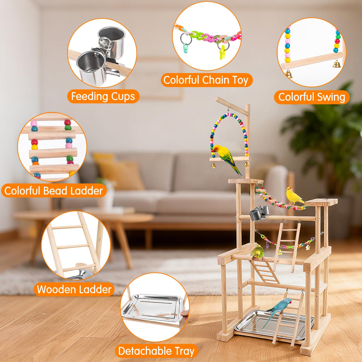 Chuiendi Bird Playground 4 Layer, Parrot Perch Stand Bird Play Stand for Parakeet Conure Cockatiel Lovebird Budgie, Parrot Playground with Feeder Cups, Ladder, Chain Toy, Swing and Detachable Tray