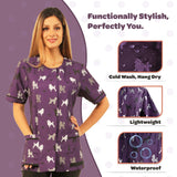 Ladybird Line 710 Purple Poodle Print Waterproof Dog Grooming Smock, Hair and Bleach Resistant with Covered Zipper Panel, Mesh Back, and Back Tie Belt, Ideal for Pet Groomers and Vet Clinics - XL