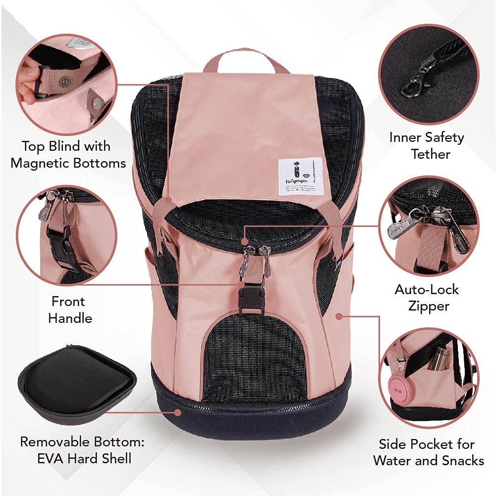 ibiyaya - Airline Approved Pet Carrier for Small to Medium Dogs and Cats - Dog Backpack Carrier, Breathable Mesh Material with Magnetic Buttons, Side Pockets, and Auto-Lock Zipper - Coral Pink