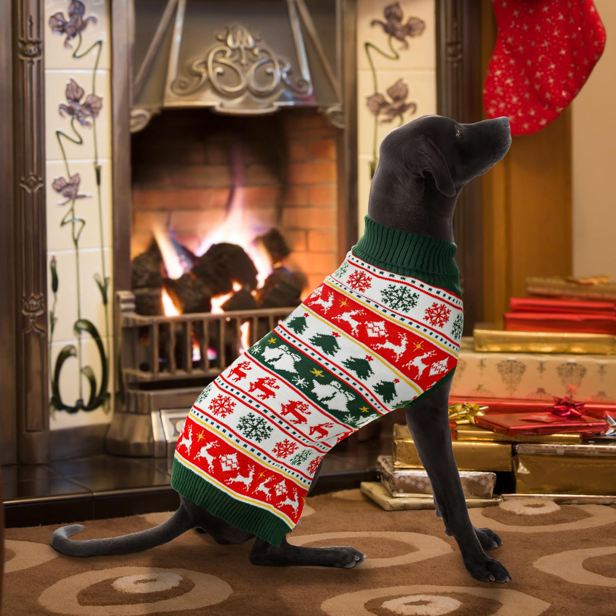 Vehomy Dog Christmas Sweater Warm Pet Xmas Turtleneck Sweater with Snowflakes Reindeers Bells Dog Christmas Knitwear Knitted Shirt Pullover Clothes for Medium Large Dogs L