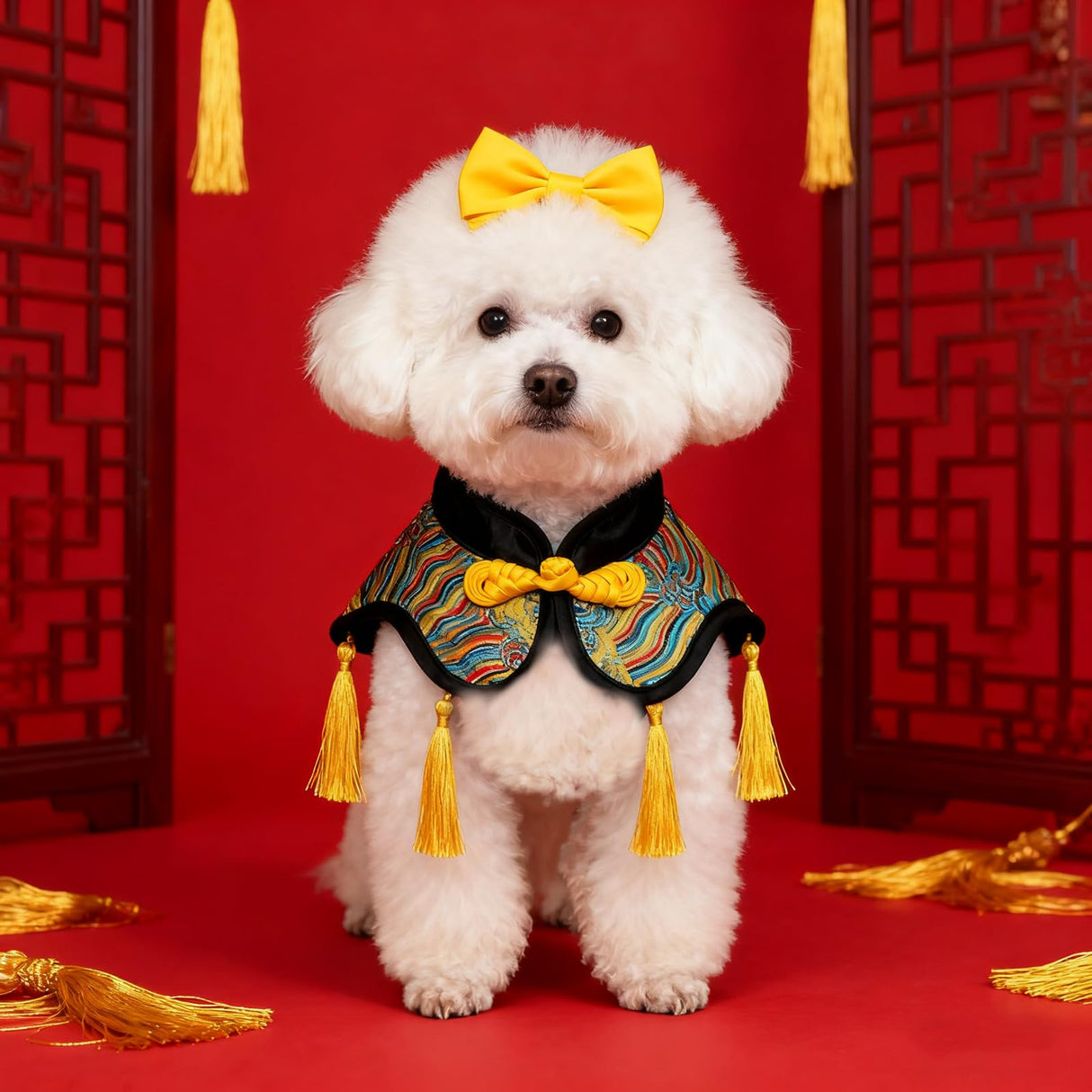 apott Dog Cloak Costume Cat Cape with Tassel Chinese Pet Apparel for Small Medium Large Puppy Kitten Halloween Christmas Yellow, 3XL
