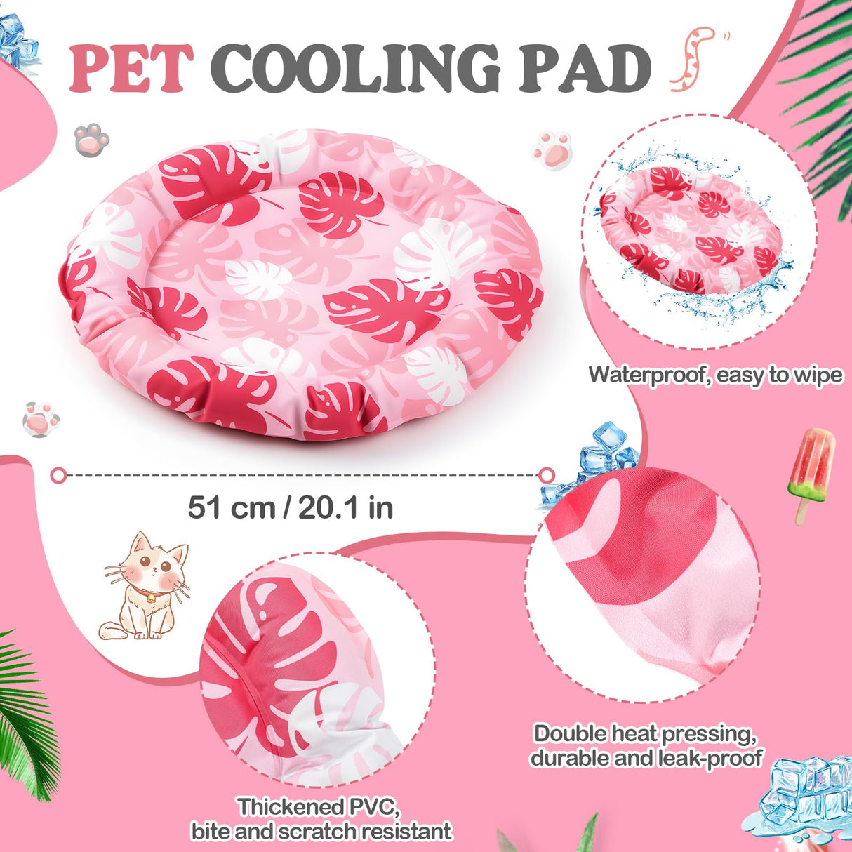 Drydiet Pet Cooling Mat for Cats and Small Dogs, 20.1'' x 20.1'' Thickened Round Pink Pad Anti-Grab Internal Gel Without Water Filling, Lightweight, Washable, Playmat for Indoor/Outdoor