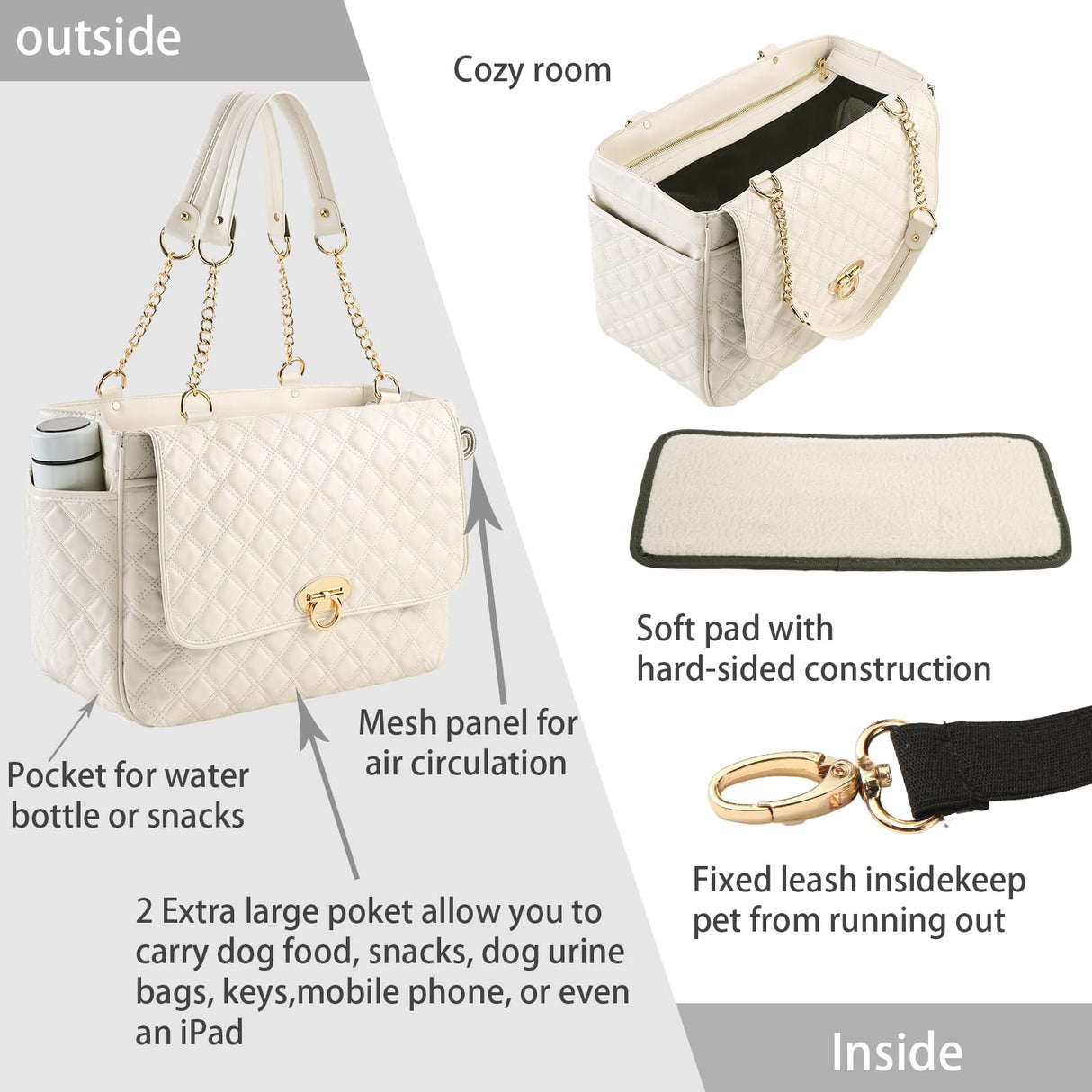 NewEle Fashion Dog Purse for Small Dogs with 2 Super-Large Pockets, Holds Up to 10lbs PU Leather Pet Carrier, Cat Carrier, Airline Approved Puppy Purse for Travel (White, Small Size)