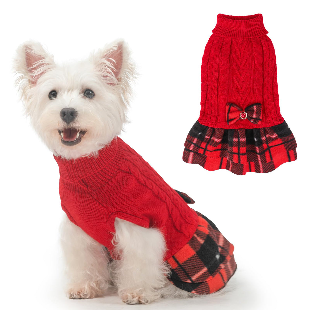 BEAUTYZOO Girl Dog Sweater Dress, Cable Knit Dog Sweater for Small Dogs Girl - Turtleneck Pullover Sweaters with Plaid Skirt & Bowtie, Warm Dogs Knitted Dress for Cold Weather Winter Christmas, Red