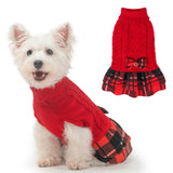 BEAUTYZOO Girl Dog Sweater Dress, Cable Knit Dog Sweater for Small Dogs Girl - Turtleneck Pullover Sweaters with Plaid Skirt & Bowtie, Warm Dogs Knitted Dress for Cold Weather Winter Christmas, Red