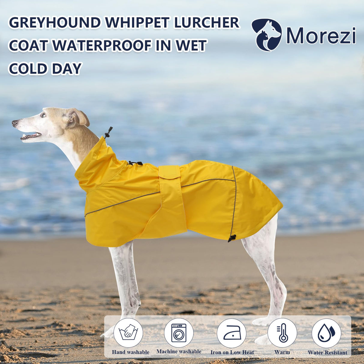 Greyhound Lurcher Raincoat, Whippet Rain Gear with Reflective Bar, Rain/Waterproof, Adjustable Bands and Drawstring in Autumn and Winter - Yellow - XL