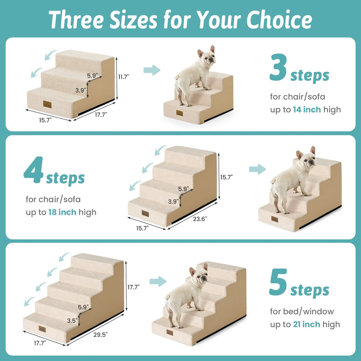 COZY KISS Dog Stairs for Small Dogs 15.7" H, 4-Step Gentle Incline Pet Step for Couch Sofa, Non-Slip Right-Angle Dog Ramp for Puppy Doggie Senior Cats, 15.7x23.6x15.7 Inch, Beige