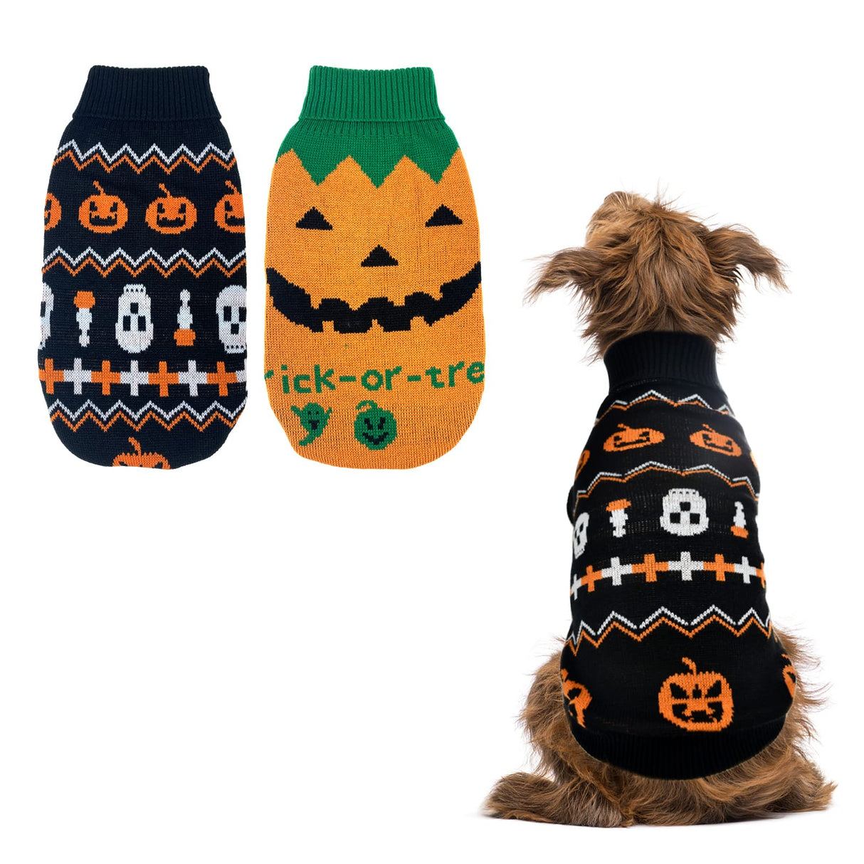 Vehomy 2Pcs Pet Halloween Sweaters Dog Halloween Pumpkin Sweater Kitten Cat Holiday Theme Turtleneck Knitwear Shirt with Pumpkin Skull Patterns Dog Puppy Halloween Costume Clothes for Small Dogs XXL