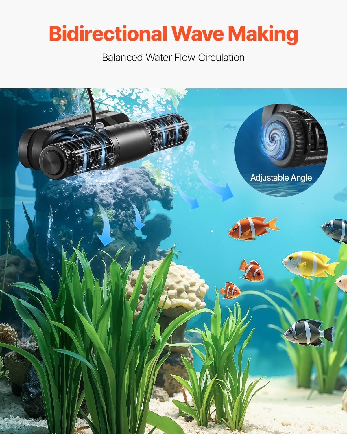 VEVOR Aquarium Wave Maker, 25W, 2380 GPH Adjustable Cross Flow Pump with Controller, Magnetic DC 24V Aquarium Powerhead, Strong Magnetic Base, 360° Rotating Wavemaker, for Saltwater Marine Freshwater
