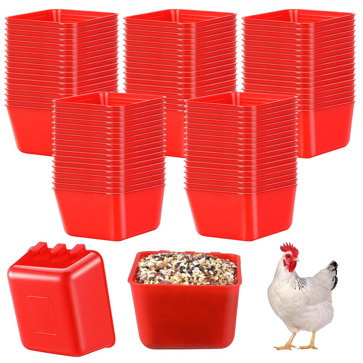 Maxdot 50 Pcs Cage Cups Chicken Feeder Cups 16 oz Hanging Bird Food Water Bowl Bunny Cage Feeding Dish for Pet Parrot Rooster Parakeet Gamefowl Poultry Pigeon(Red)
