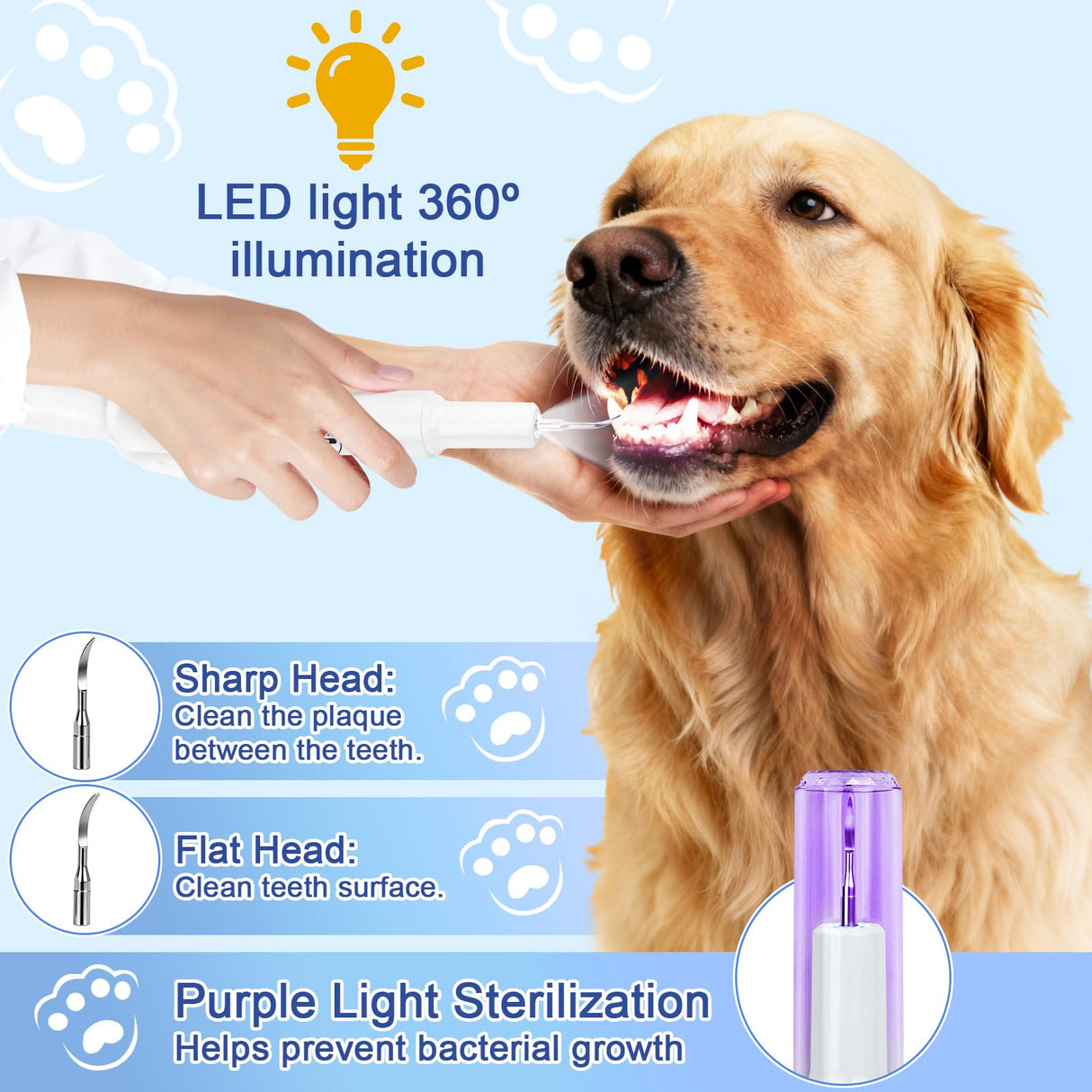 ETACCU Dog Plaque Remover for Teeth, Dog Plaque Remover Tool with LED Light, 5 Modes Teeth Cleaning Tools, Low Noise Pet Tooth Brushing Kit Dental Tools for Dog and Cat, White