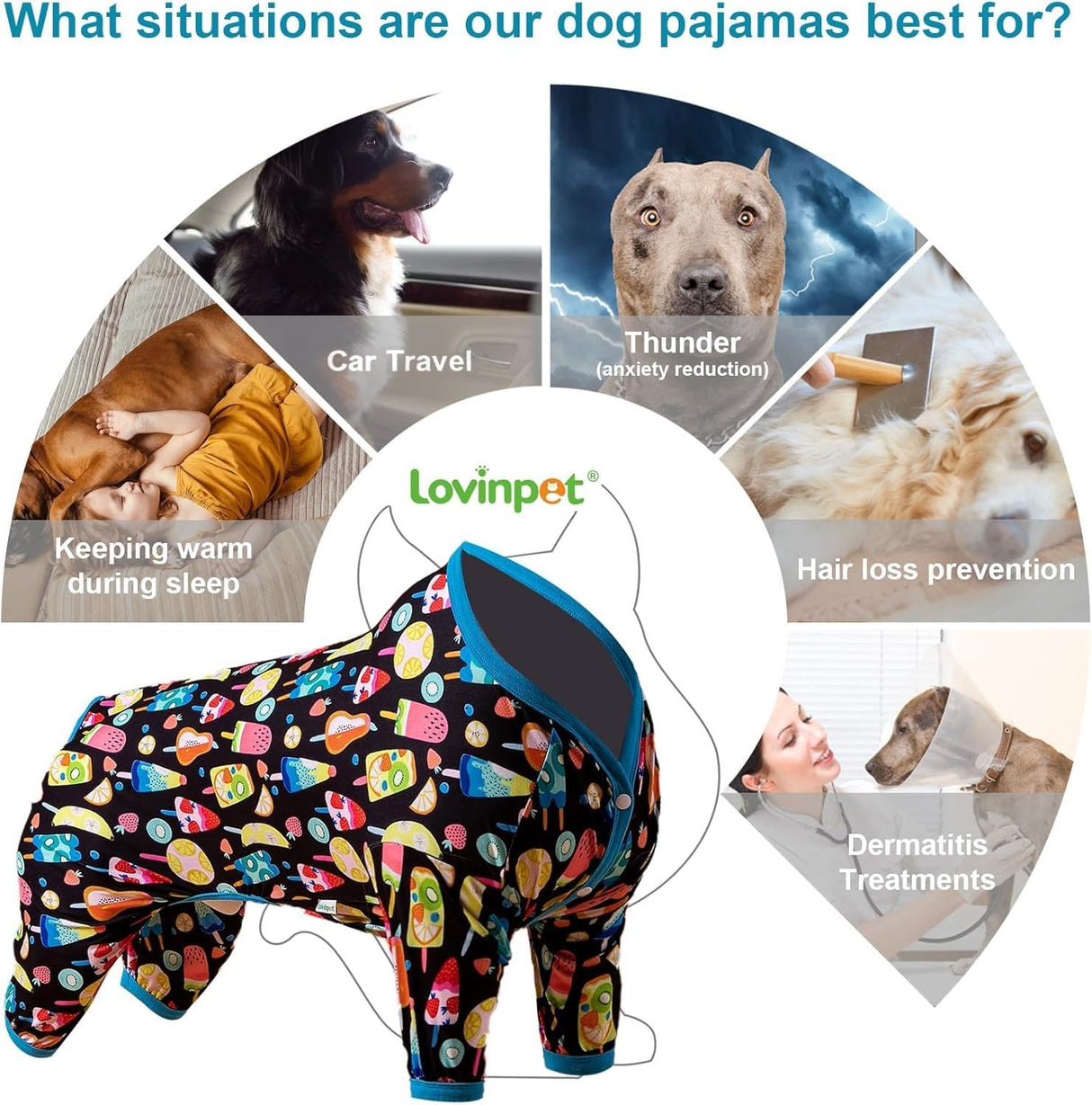 LovinPet Big Dogs Pajamas Onesies - Full Belly Coverage, Pajamas for Pitbulls, Pullover Shirt for Large Breed Dogs, Pitbull Clothes, Fruit Popsicle Print, Lightweight Big Dog PJ's, Medium,2XL