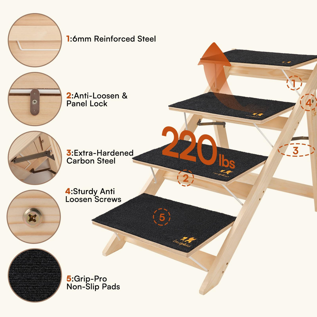 Luciphia Wooden Dog Stairs for Small Dogs 2-in-1 Foldable Dog Steps for Beds Cars Couch Anti-Slip Pet Ramp with 4 Steps Indoor Pet Stairs for Medium Large Older Pets Cats up to 220lbs