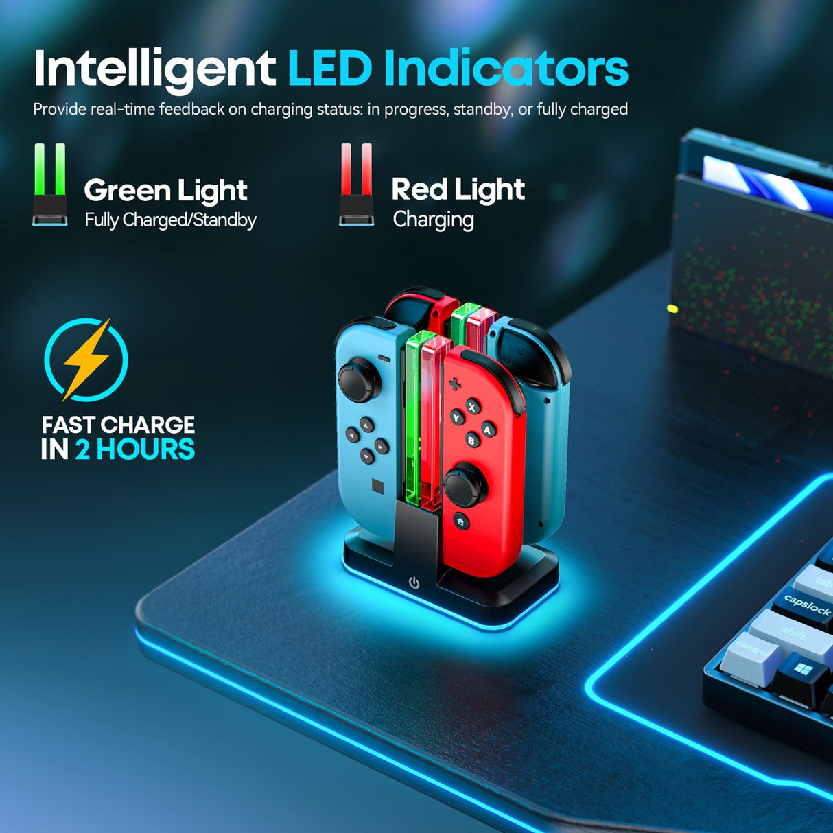 Switch Joycon Charger for SW 1 Model with 9 RGB Light Modes, Switch Controller Charger Stand with LED Indicators, SW Charging Dock Station for 4 Joycon Charging