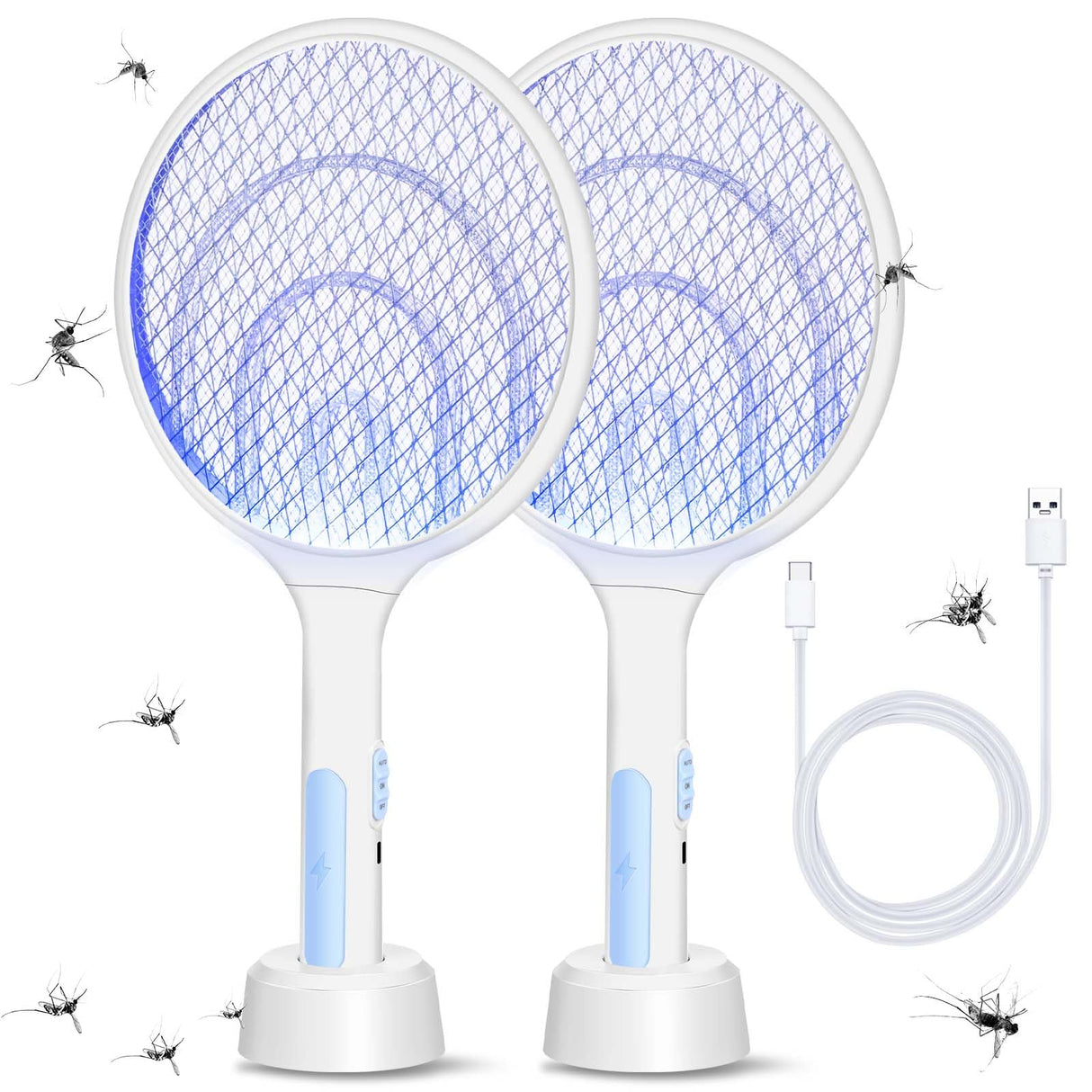 Qualirey 2 Pcs Electric Fly Swatter Racket 3000V 2 in 1 Bug Zapper Racket USB Rechargeable, Powerful Mosquitoes Trap Lamp and Fly Killer with 3 Layer Safety Mesh for Indoor Outdoor (White,Round)