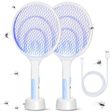 Qualirey 2 Pcs Electric Fly Swatter Racket 3000V 2 in 1 Bug Zapper Racket USB Rechargeable, Powerful Mosquitoes Trap Lamp and Fly Killer with 3 Layer Safety Mesh for Indoor Outdoor (White,Round)