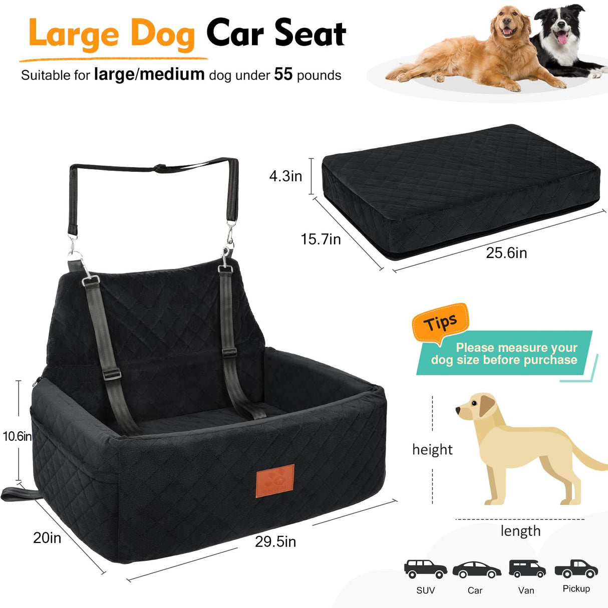 NEEZUKAR Dog Car Seat for Large Medium Dogs,Portable Washable Pet Car Seat Under 55 lbs,Dog Booster Seat with Thick Cushion,2 Safety Leashes Travel Car Dog Bed