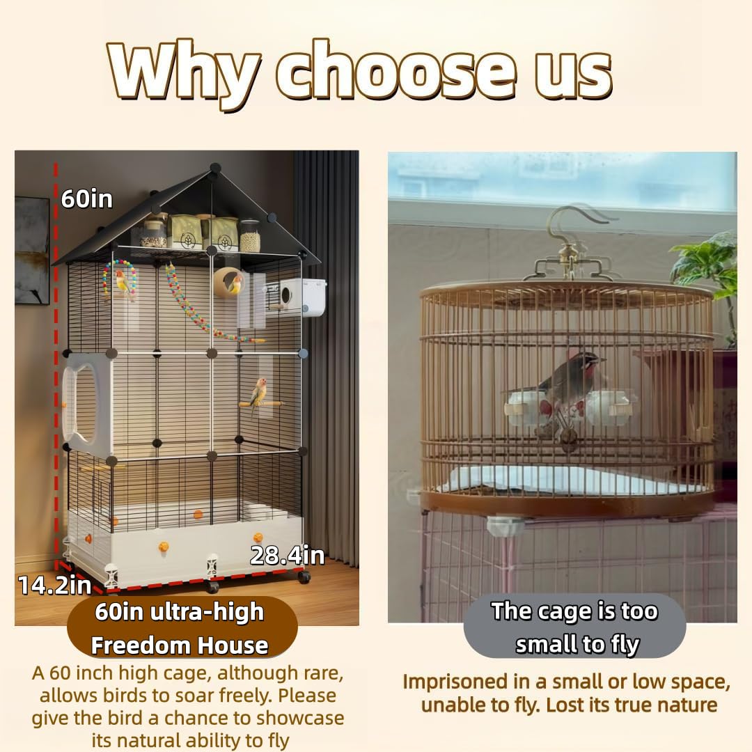 60in Large Flight Bird cage, Equipped with Bird's Nest， Ladder, Swing, Feeder, etc. with Wheels for Easy Outdoor Movement, Suitable for Parrots, Pigeons (Black, 28.4" L x14.2W x 60" H)