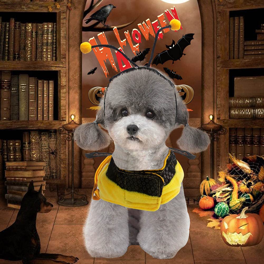 Bee Dog Halloween Costumes, Bumblebee Dress Cosplay Clothes with Cap, Funny Pet Halloween Outfit for Small Medium Large Dogs Cats Christmas Birthday Party Photo Props