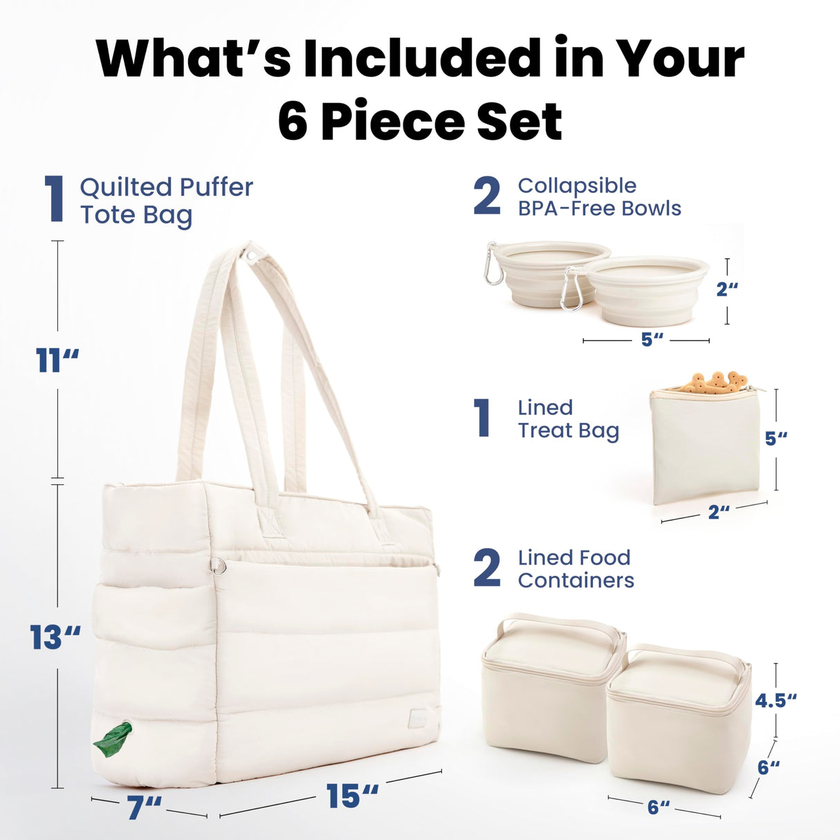 rubyloo Puffer Dog Travel Bag for Dog Moms – Doggy Diaper Bag with Pet Bowls & Food Storage or Everyday Puffy Tote – Doggy Mom Gifts for Women – Lightweight, Travel-Ready Gift for Pet Lovers – Beige