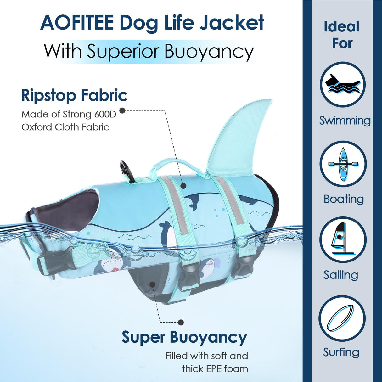 AOFITEE Dog Life Vest for Swimming, Shark Dog Life Jacket Large, High Flotation Dogs Swimming Vest with Rescue Handle and Reflective Stripe, Dogs Lifesaver Swimsuit for Boating Summer Pool Beach, XL