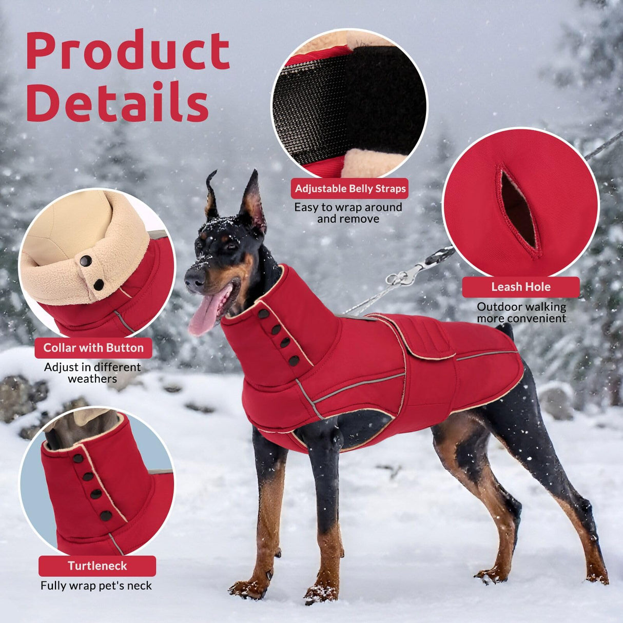 ASENKU Warm Dog Coat, Waterproof Dog Jackets for Large Dogs with Reflective Fleece Vest Turtleneck with Button,Windproof Cold Weather Coats for Small Medium Large Dogs, Red, 3XL