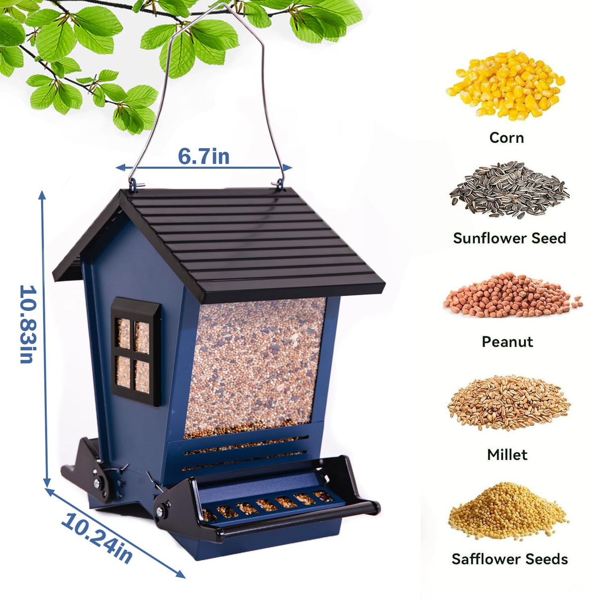 LSCQYYCC-Bird Feeder Squirrel Proof Metal Hanging for Outdoor Wild Bird Seed, with Bilateral Weight-Activated Perches, Large Feeder That Attracts Cardinals, Chickadees, and More Birds-One in Blue