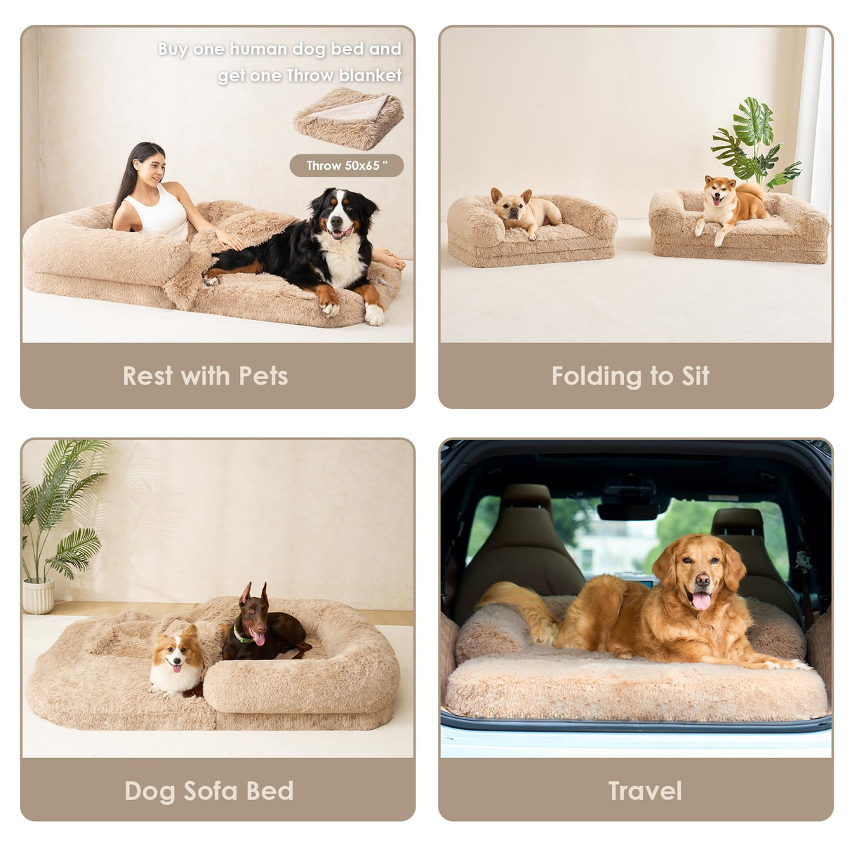 EHEYCIGA Foldable XXL Dog Bed for Large Sized Dog, 54"x38"x7.5" Faux Fur Fluffy Pet Couch Bed, Orthopedic Calming Memory Foam Big Pet Bed, Washable Pet Sofa Bed with Non-Slip Bottom, Camel