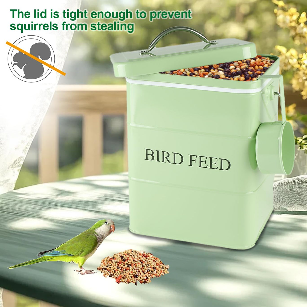 Brabtod Bird Seed Storage Container Airtight,5~6LB Metal Bird Food Container with Scoop,Wild Bird Seed Tin for Storing Sunflower Seed-Ideal for Outdoor or Indoor-Squirrel proof -Green