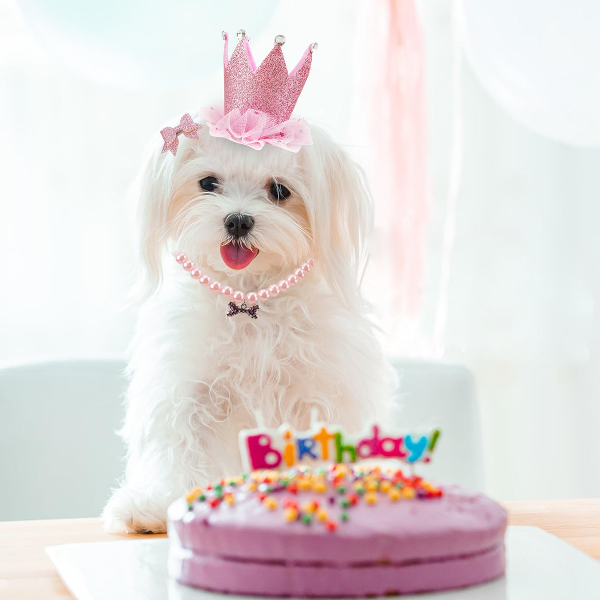 GAGILAND Dog Birthday Party Supplies Dog Birthday Outfit Pink Tutu for Dogs Dog Birthday Hat Necklace and Bowtie Hairpin for Dogs (24-31 inch Wrist)