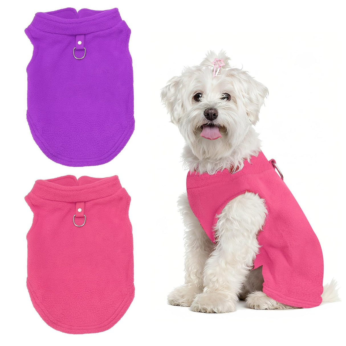PETAXCELL Dogs Fleece Vest Sweater, Stretch Fleece Dog Coat with Leash Ring Winter Warm Pet Thick Clothes Soft (M, Solid, Rose Red/Purple, 2Pack), for Chihuahua/Bichon/Puppies/Kitten