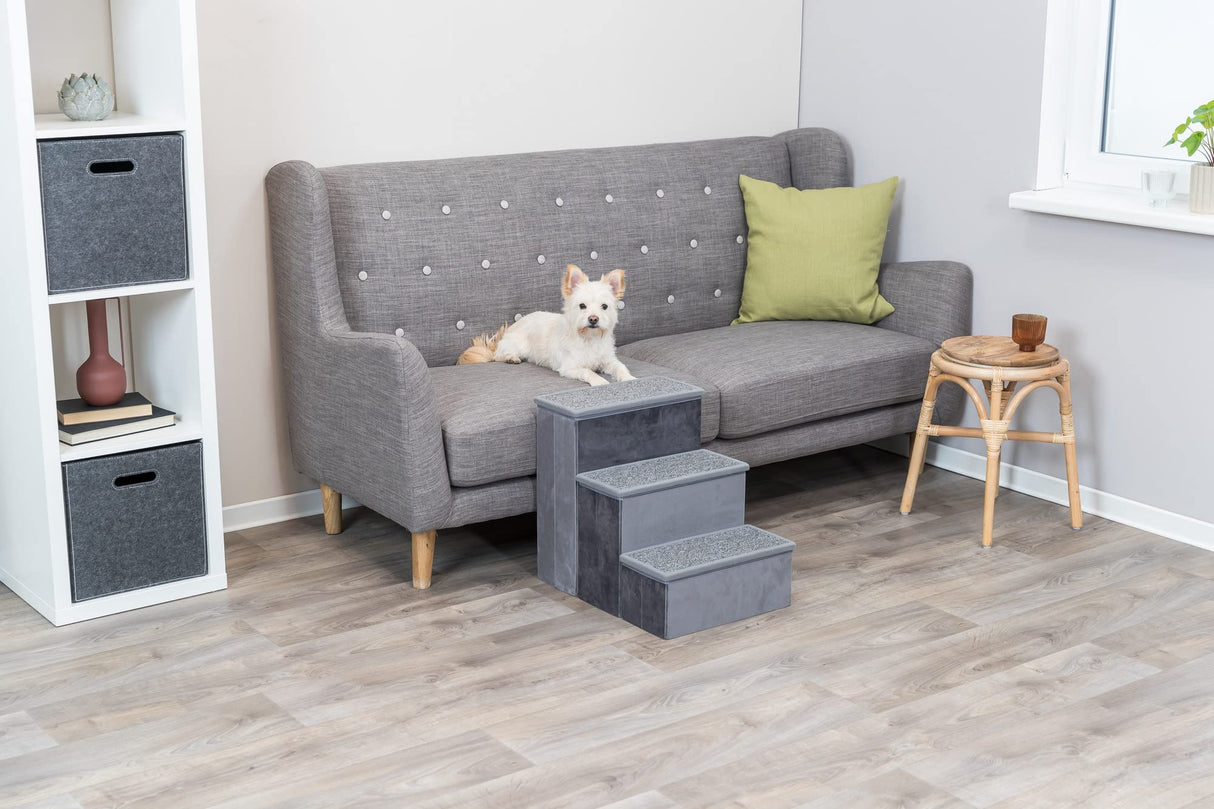 Trixie Velour 3-Step Pet Stairs with Storage, Collapsible, Storage Compartments for Pet Toys,Gray
