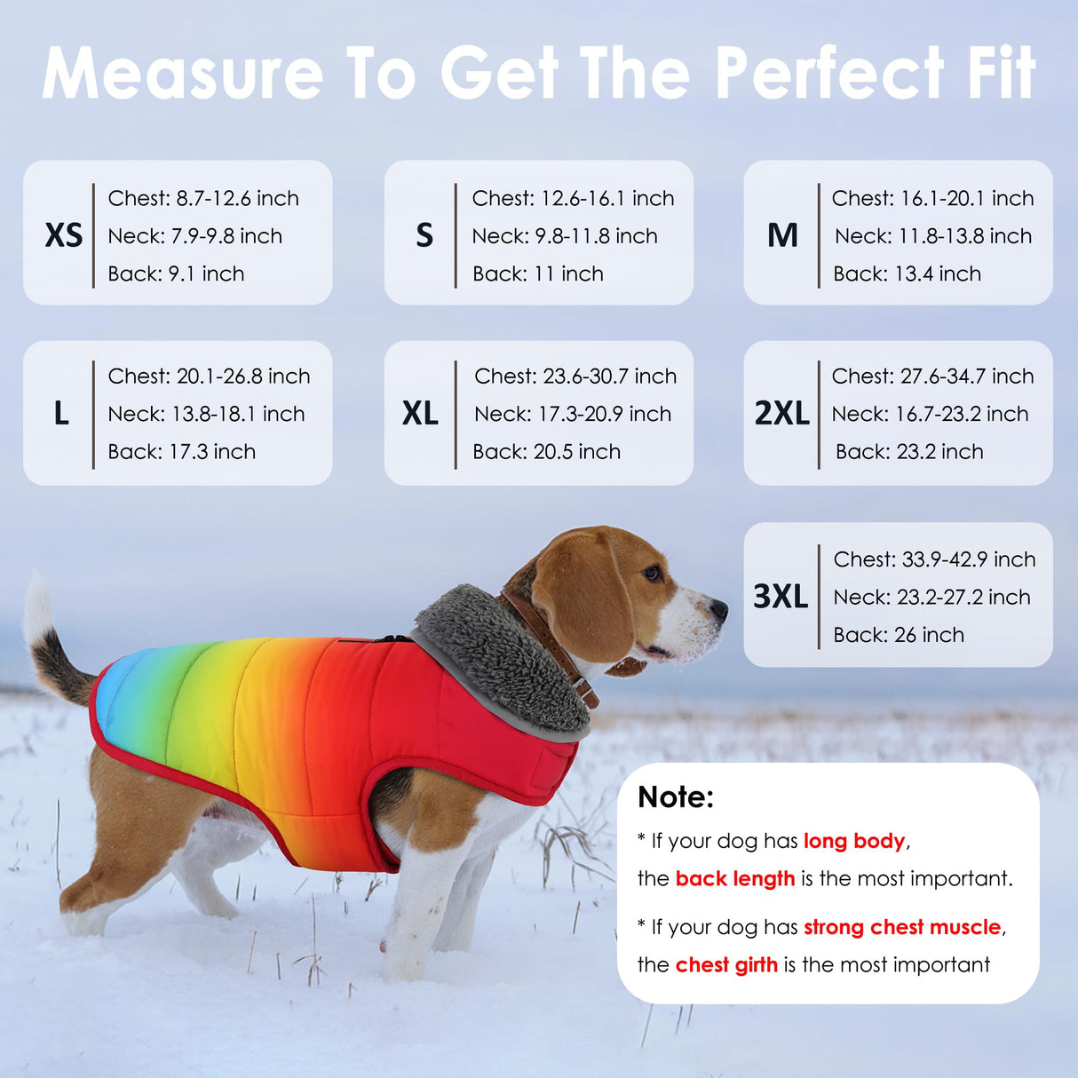 Petglad Dog Winter Coat, Waterproof Dog Jacket with Leash Hole, Reflective Adjustable Pet Snow Vest, Warm Fleece Sweater for Small Medium Large Dogs - Rainbow, S