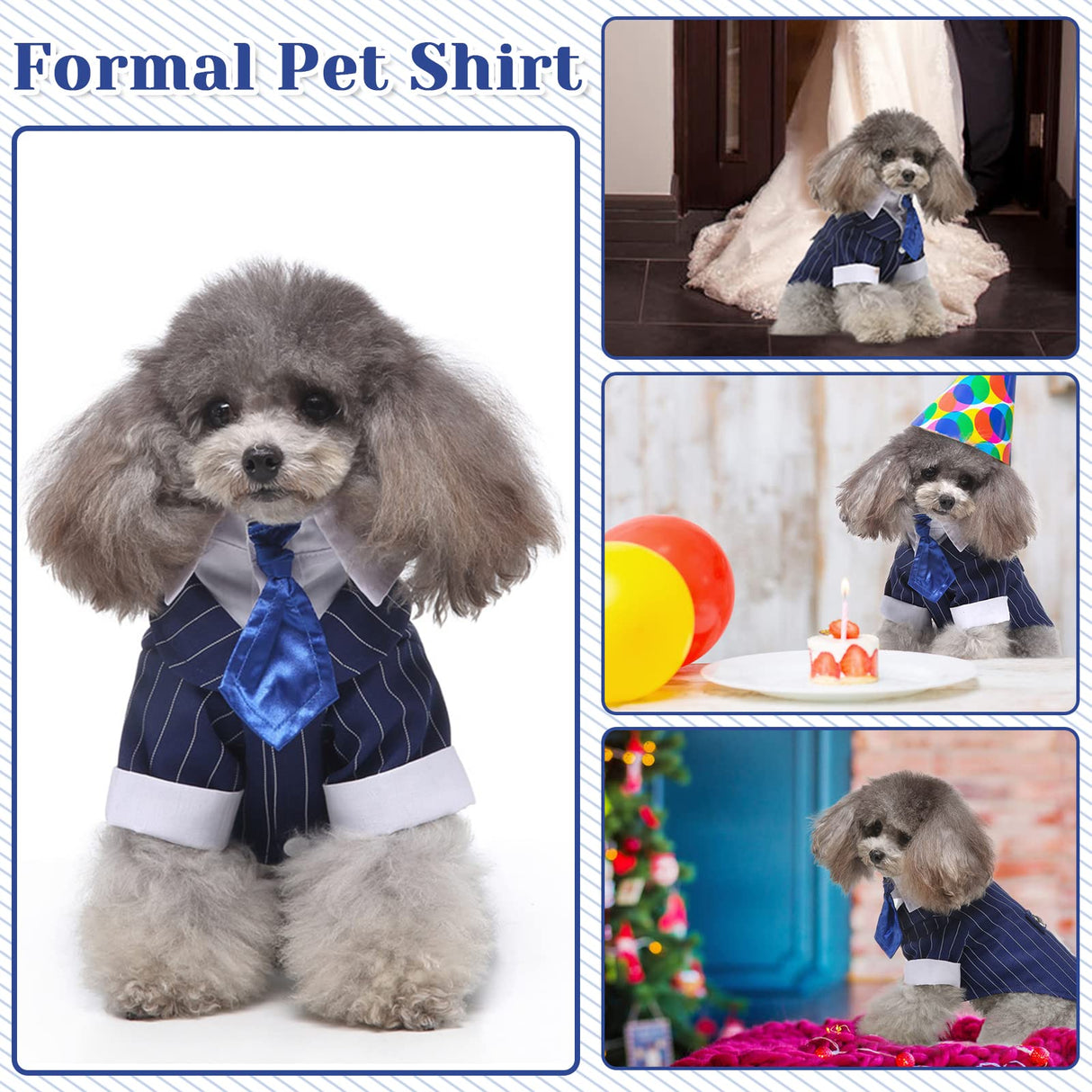 DENTRUN Navy Blue Dog Tuxedo - Formal Pinstripe Pet Suit Shirt with Satin Tie, Elegant Wedding Outfit Birthday Party Attire for Golden Retriever Husky Border Collie Large Dogs (Polyester), XXXL