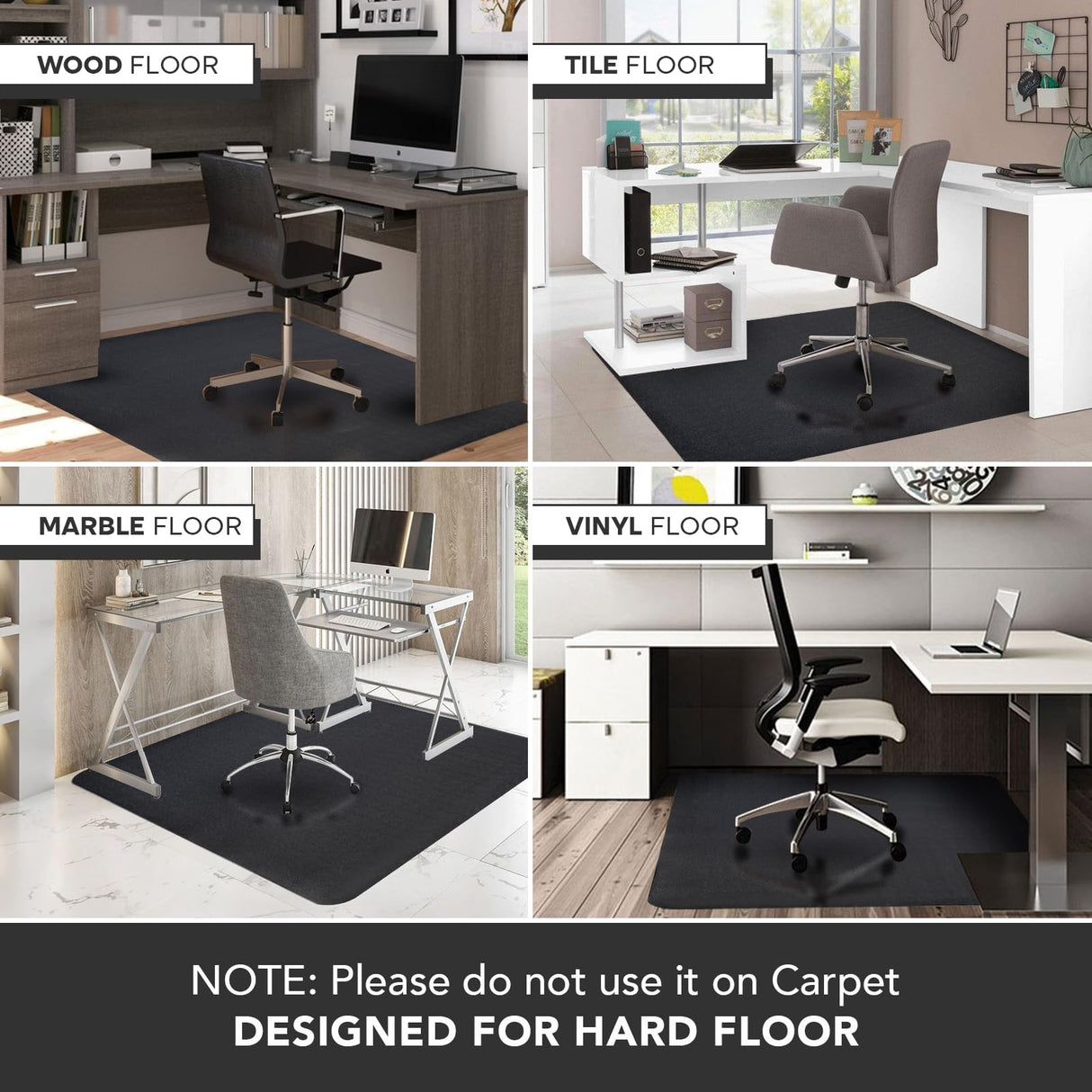 Office Chair Mat for Hardwood Floor: 63" x 51" Extra Large Black Office Chair Mats, Anti-Slip Rubber Floor Mat for Gaming Rolling Chair, Heavy Duty Sturdy Floor Protector Mat Under L Computer Desk