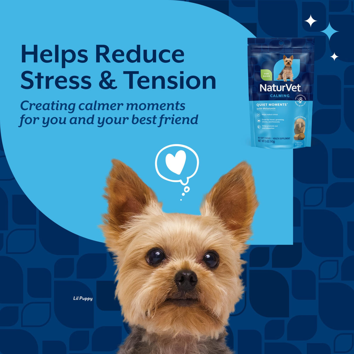 NaturVet Quiet Moments Calming Dog Supplement, Dog Soft Chews with Melatonin to Help Reduce Stress from Storms, The Vet, Fireworks, and Travel, Bacon and Chicken Flavored Pet Supplement, 65 Count