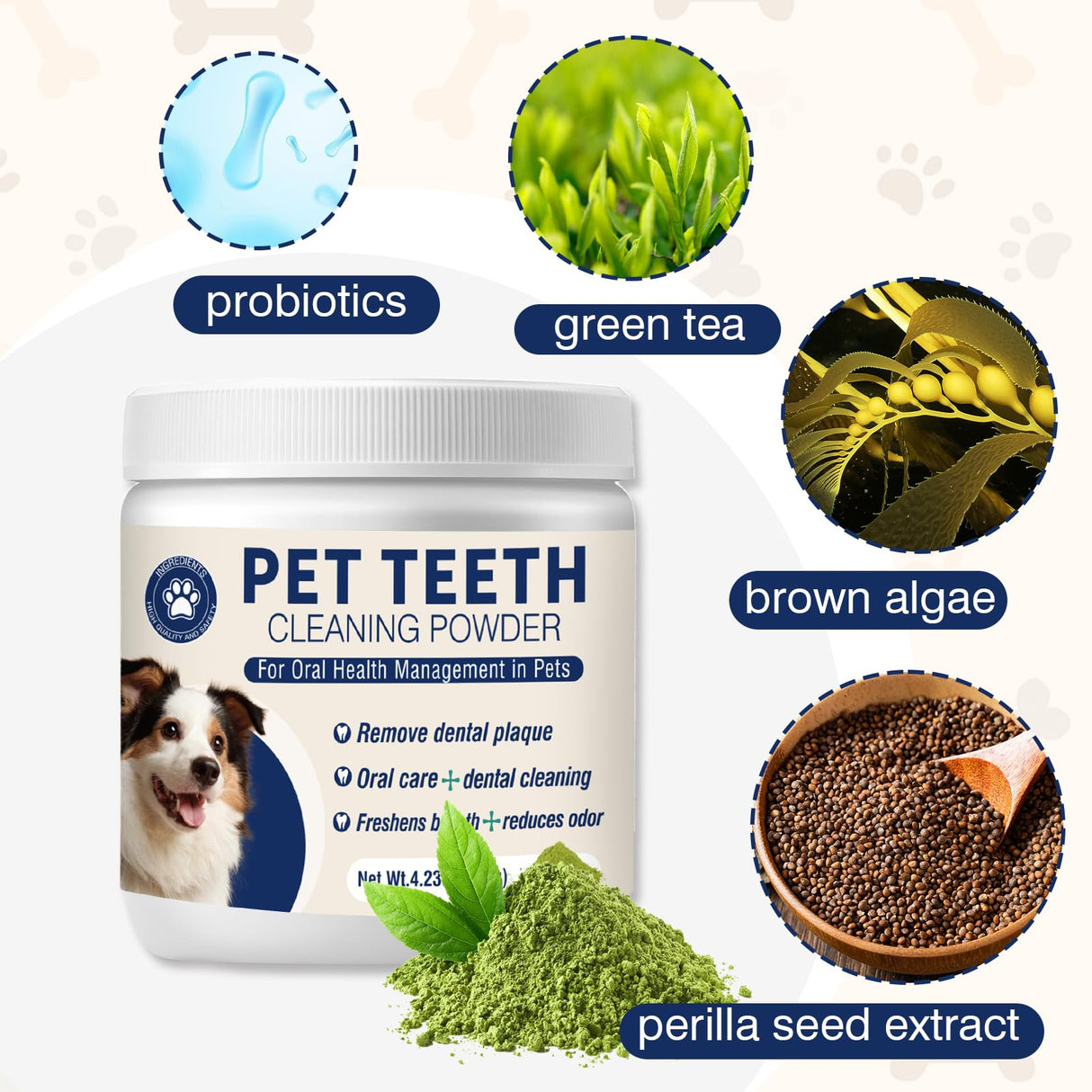 Dental Powder for Dogs Dog Teeth Cleaning Products Dog Tooth Cleaning Powder with Probiotics for Dogs Bad Breath Treatment Plaque and Tartar for Small Medium and Large Pet Dental Cleaner 120 Grams