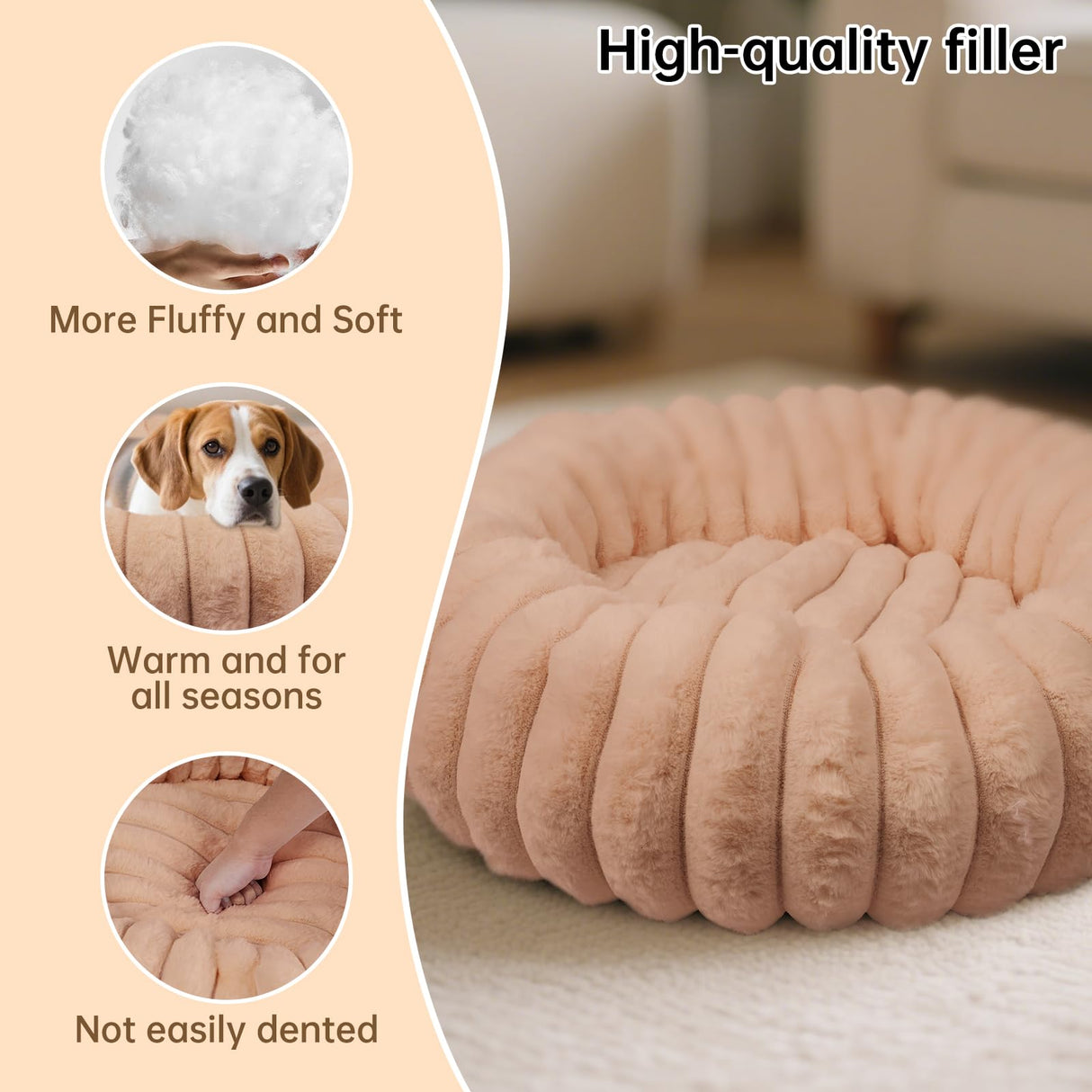 Vhen When Donut Dog and Cat Bed, Luxurious Comfortable Faux Rabbit Fur Pet Beds, Round Anti-Anxiety Calming Puppy Kitten Bed with Anti-Slip Bottom for Small Medium Dogs & Cats(28", Brown)