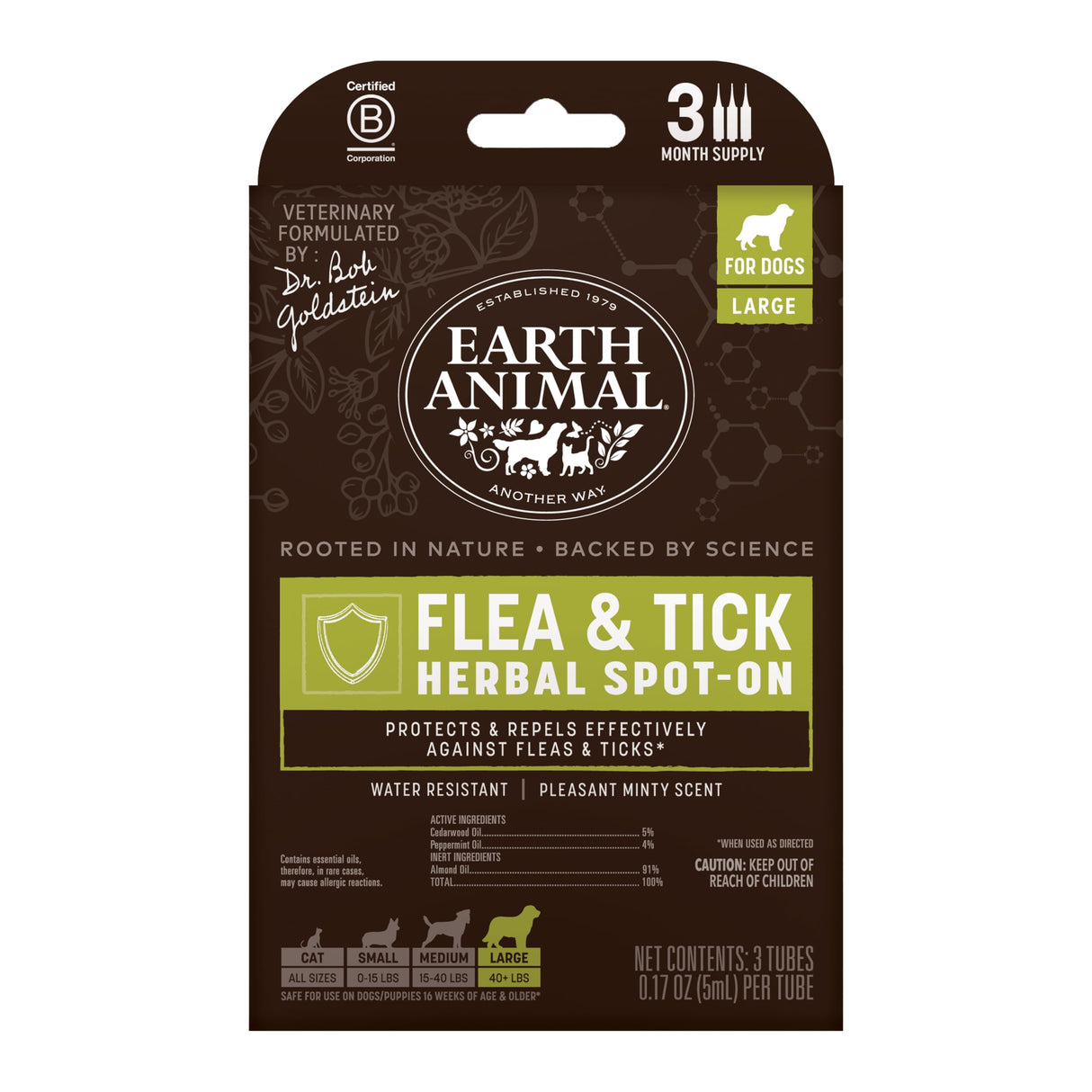 Earth Animal Apothecary Natural Flea & Tick - Herbal Spot-On for Large Dogs - 3 Applications (3 Month Supply)