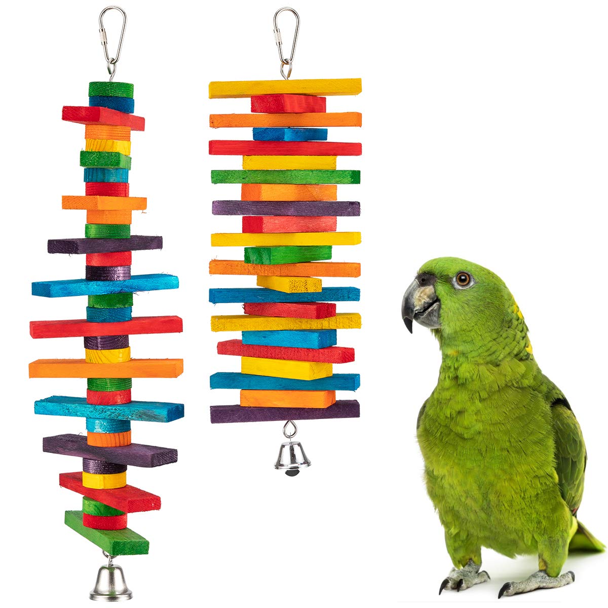 MEWTOGO 2Pcs Bird Toys - Parrot Toys with Multicolored Natural Wooden Blocks, Bird Chewing Sticks Toys for Conures Parakeets Cockatiels Lovebirds African Grey Macaws Amazon Parrots Gift