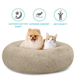 SAVFOX 45 inches Calming Donut Dog Bed - 3X Durable Plush Faux Fur, Machine Washable & Non-Slip, Fits up to 150 lbs, Beige