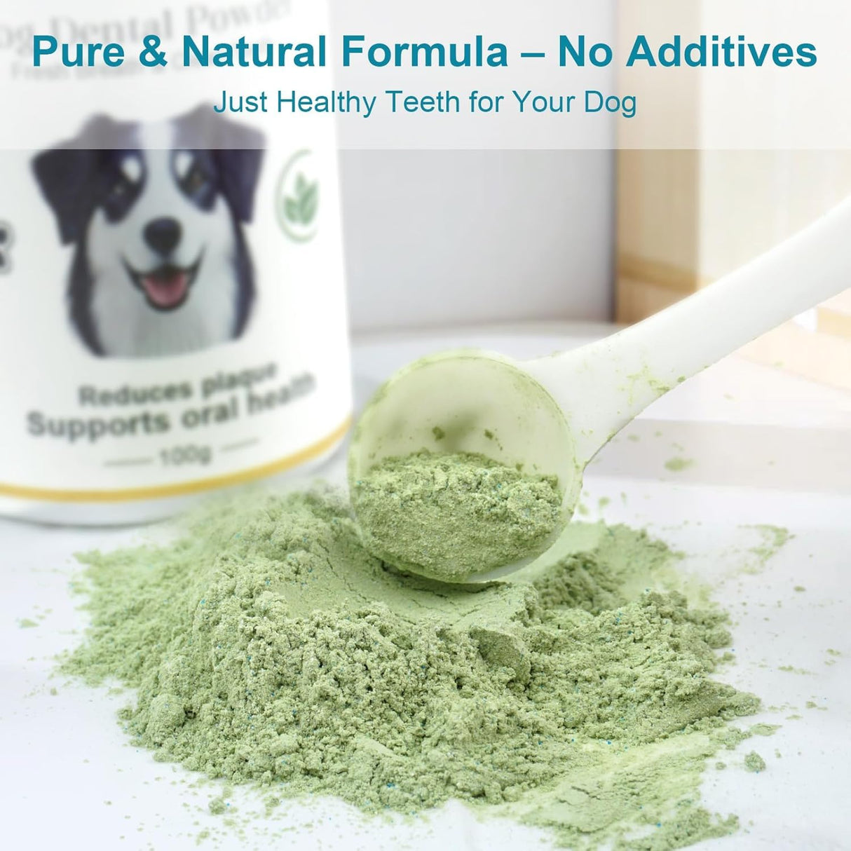 ELEVTC Dog Teeth Cleaning Powder 100g Fights Plaque & Tartar Freshens Breath All-Natural Ingredients for Dogs of All Breeds and Ages Easy to Use Dog Dental Powder