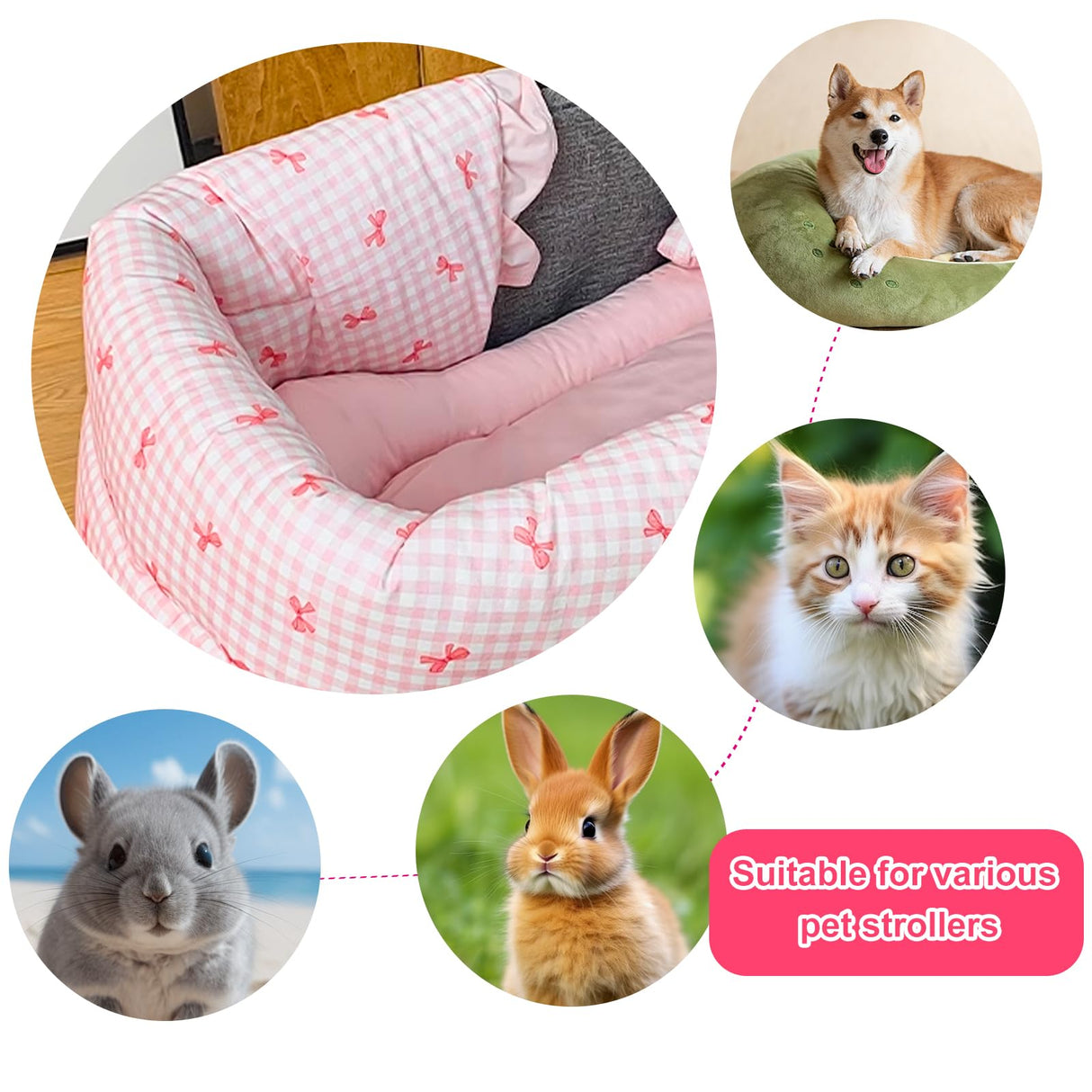 LUKHMELF Pet Stroller Mat,Dog Stroller Pet Bed Mat,Pet Stroller Edge Cushion,Pink Bow Style,Pure Cotton,Stroller Guard,Pet Stroller Dirt Cover,Not Including Strollers、Comforter(36"×18.5")