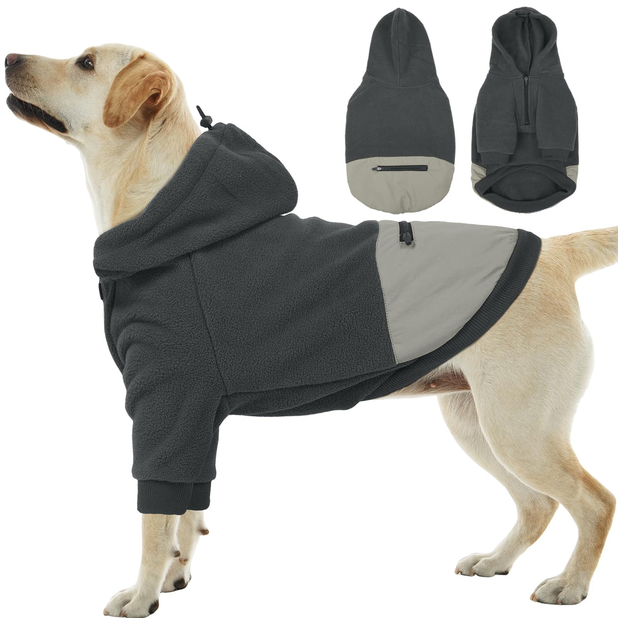 Nanaki Dog Hoodies for Large Dogs Sweatshirt with Pocket-Warm Fleece, Long Sleeves Adjustable Zip Collar-Comfort Pet Sweater for Labrador, Large Sweatshirt Winter Coat for Fall Winter Spring Grey 2XL