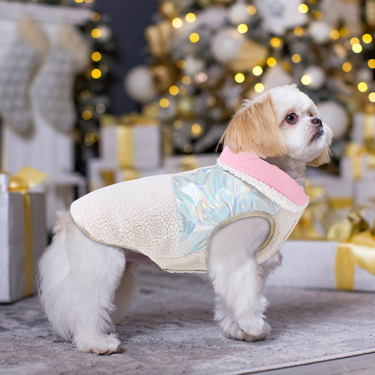 EMUST Quilted Warm Small Dog Winter Coat - 2 Layers Fleece Lined Doggie Puffer Vest for Cold Weather with Leash Hole, Cream, XS