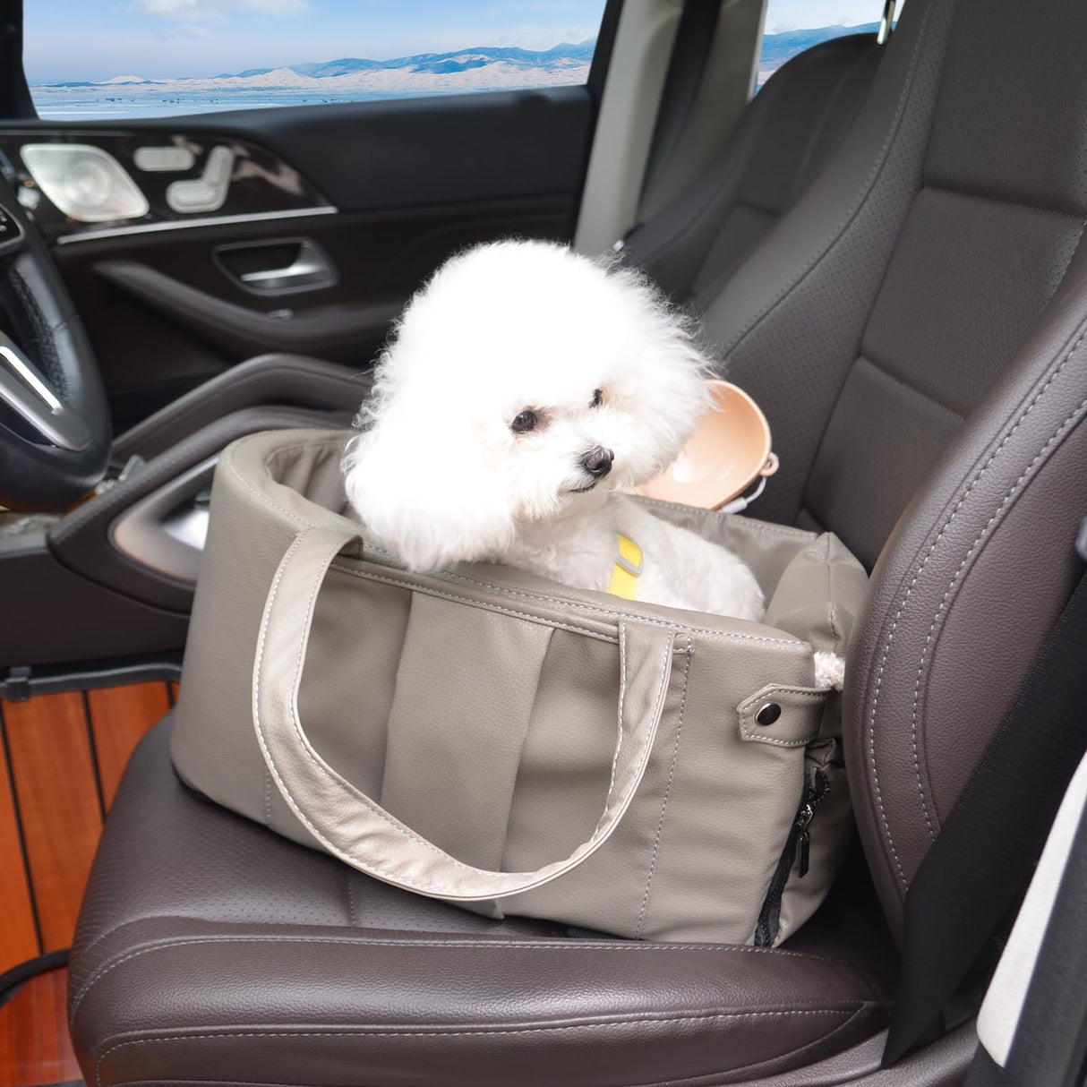 Portable Small Dog Seat for Car, Luxury Leather Center Console Dog Car Seat Booster with Safety Tethers, Anti-Collapse Pet Travel Carseat for SUV, Truck