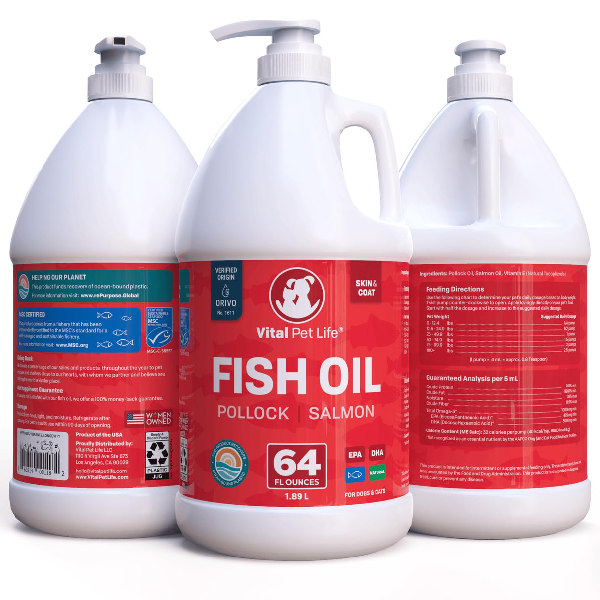 Fish Oil for Dogs - Healthy Skin & Coat, Salmon, Pollock, All Natural Supplement for Pets, Itching Scratching Allergy & Inflammation Defense, Omega 3 EPA DHA, Brain & Heart Health, 64 oz