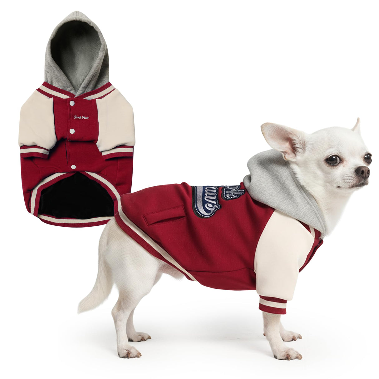 Spark Paws Varsity Dog Hoodie – Premium Dog Sweater for Small, Medium, and Large Dogs | Warm Clothes for Pets, Winter Jacket Alternative - Red - M